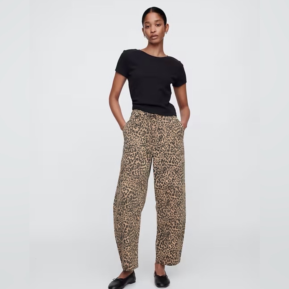 Gap BoHo Leopard Animal Print Pull-On Barrel Denim Jeans NWT L Mid-rise Grunge L